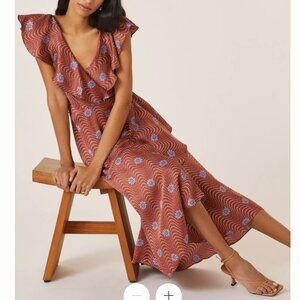 ANTHRO brown rust red Ruffle-Sleeve Printed-Wrap Maxi Dress